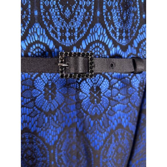 Jones New York Sz 18 Blue Dres w Black Lace Overlay, Lined Sleeveless Belt NYE - Picture 3 of 9